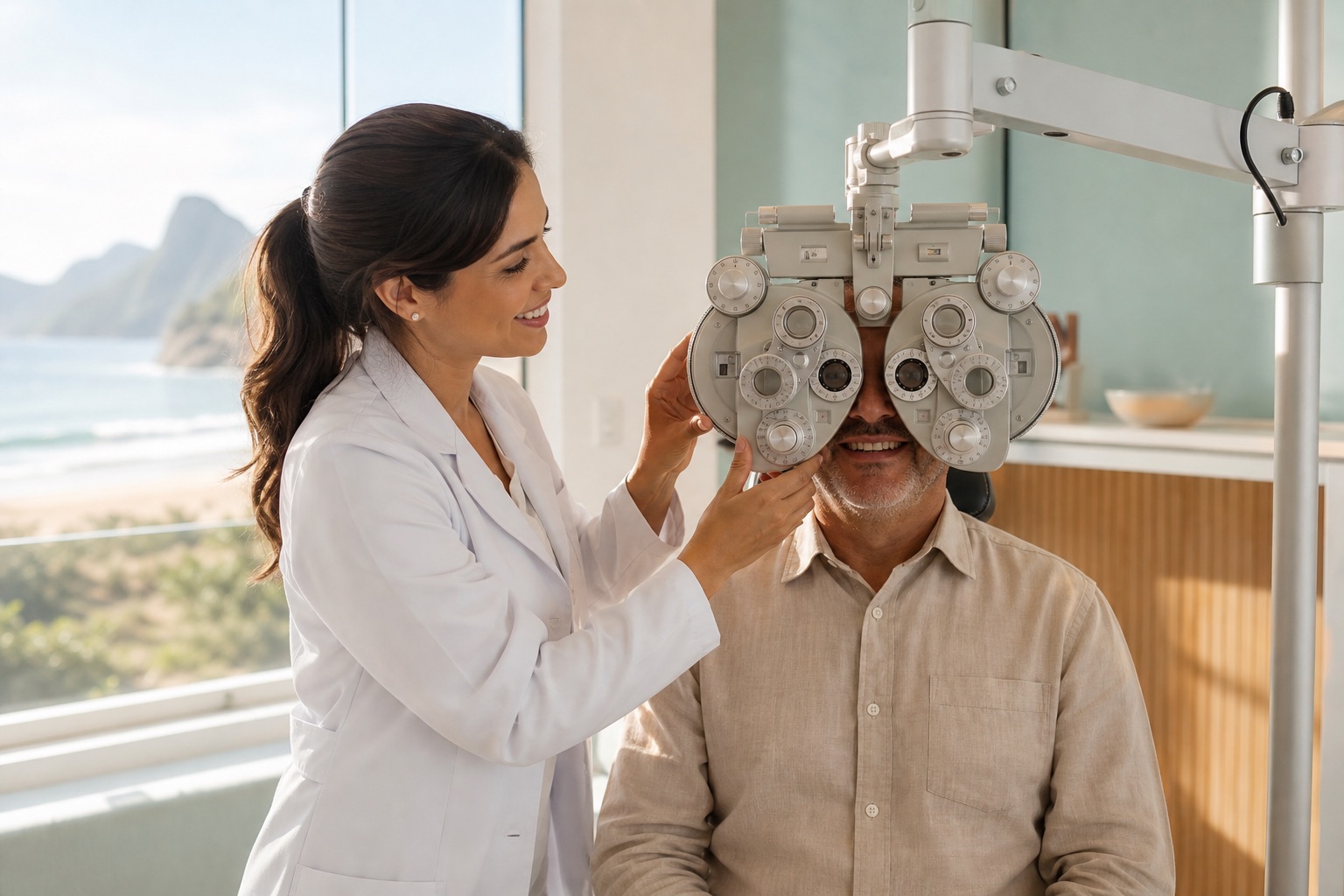Optometrista realizando exame de vista com foróptero em consultório claro