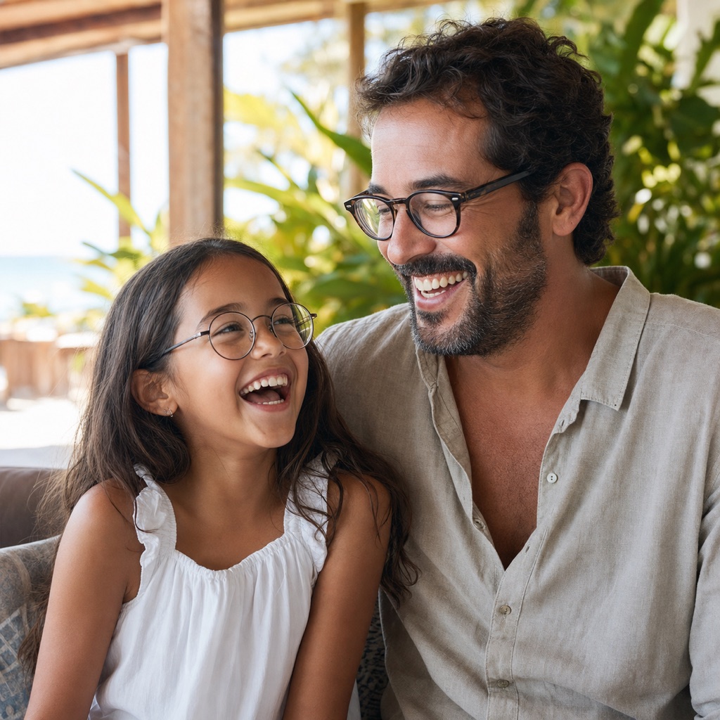 Pai e filha de óculos rindo juntos numa varanda com plantas