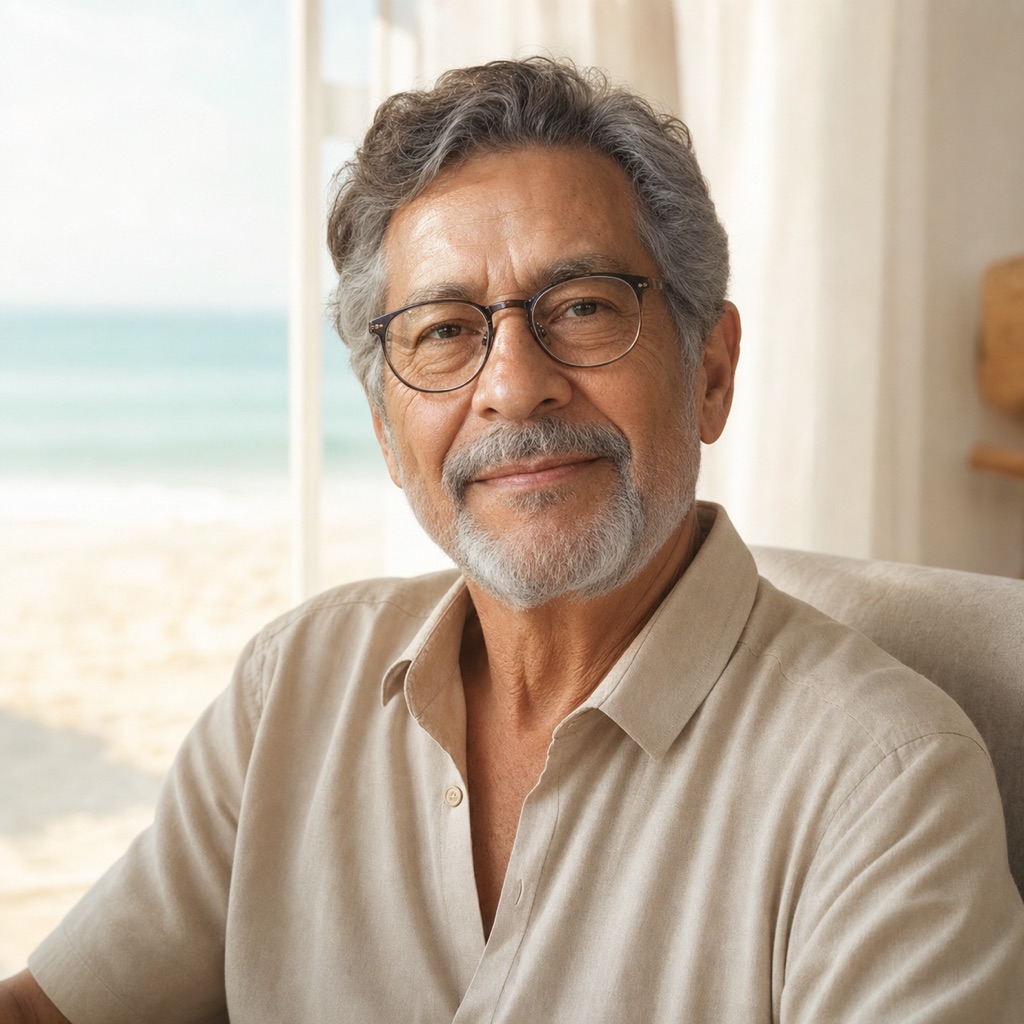 Homem de óculos multifocais sorrindo em luz natural suave
